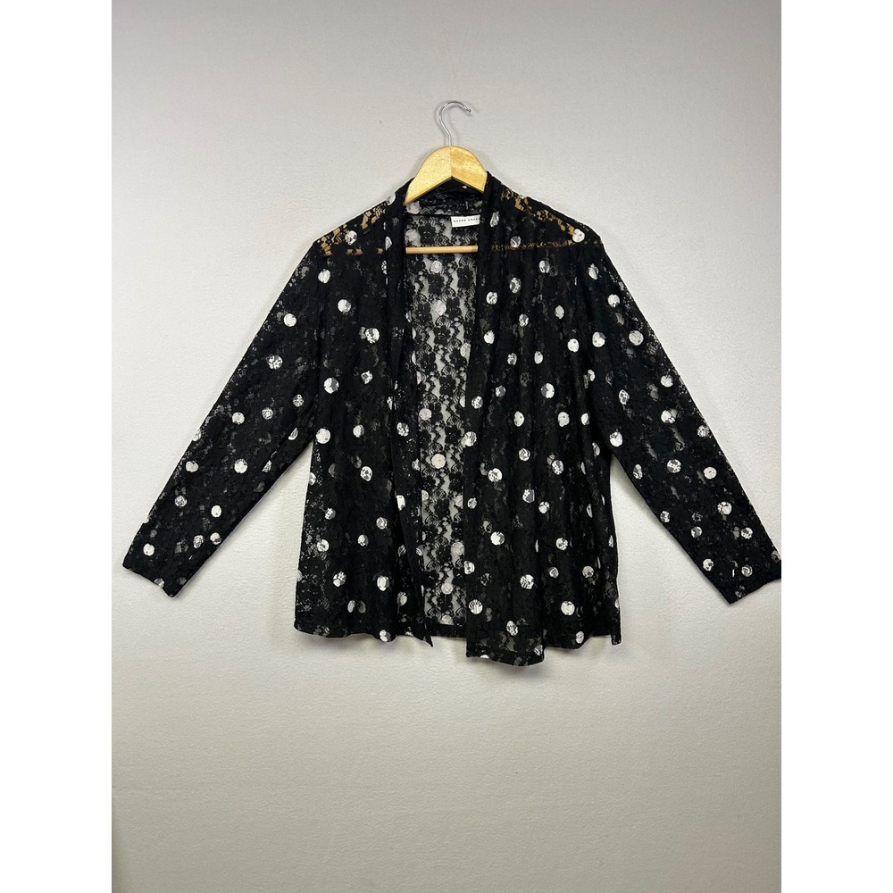 Whimsigoth Susan Graver Womens L Blk Polka Dot Sheer Floral Lace Cardigan Kimono